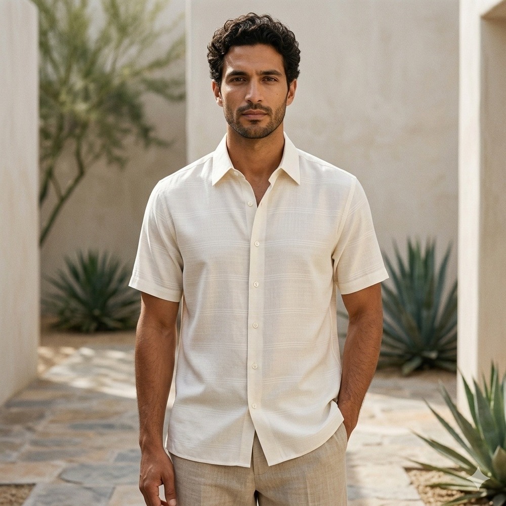 Axcess Silk Shirt M Mens Ivory Cream Short Sleeve Button Down Textured Vintage